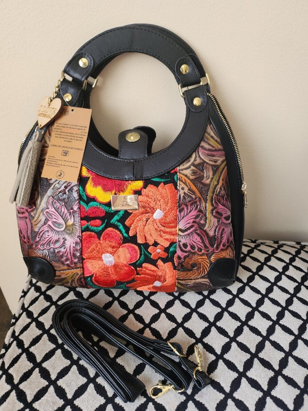 Black Handmade  Vegan Leather Bag with Strap and Handles, Hand-Painted Detail